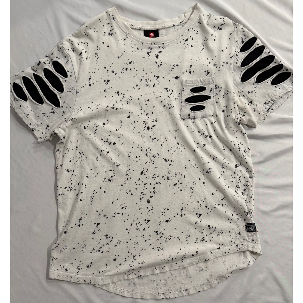 Southpole Mens White Black Paint Splatter Distressed Cut Out Pocket T-Shirt L